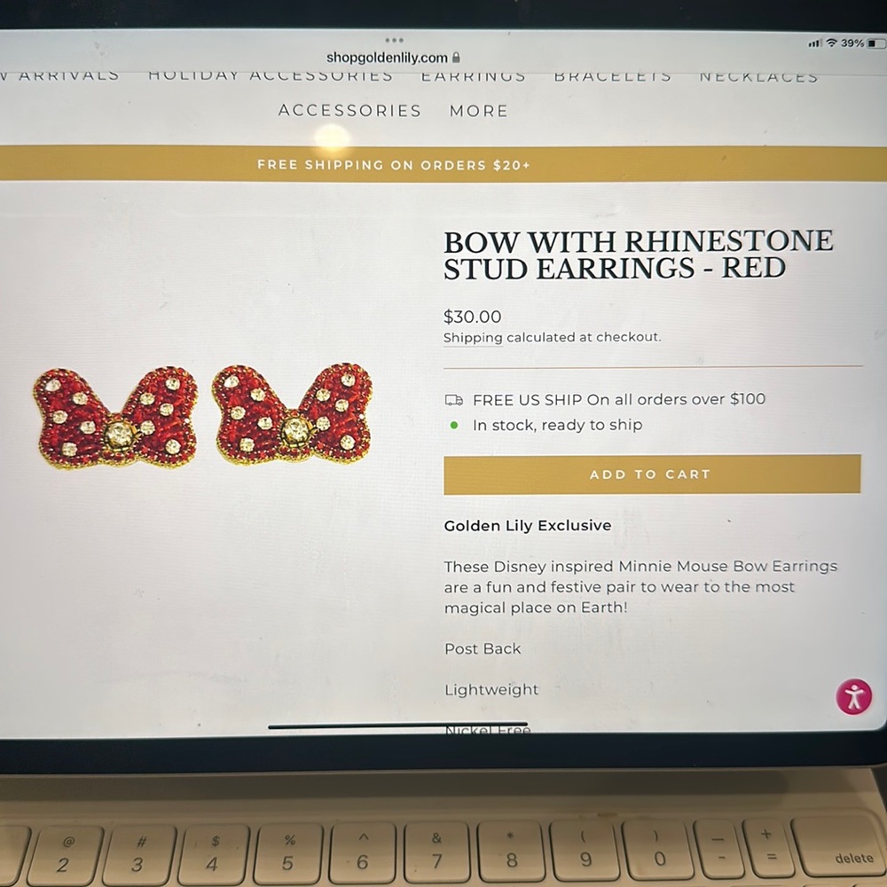 Golden Lily - Disney Bow with Rhinestone Stud Earrings - Red - BNWT